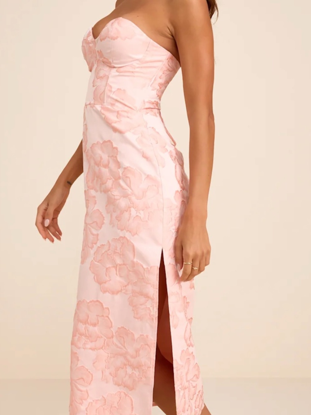 Lulus Kandra Light Pink Floral Jacquard Bustier Midi Dress - Size S - Picture 3 of 3